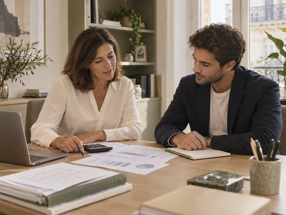 Une experte-comptable examine les documents financiers d'un entrepreneur.